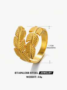 1 pieza Anillo abierto minimalista personalizado chapado en oro de 18K de acero inoxidable con pluma, adecuado para uso diario y fiestas de mujeres - Dorado - Ver 6
