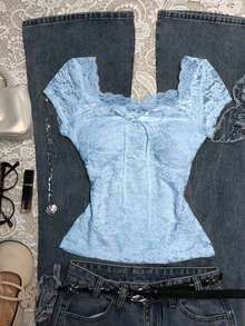Blusa de encaje de unicolor elegante para mujer, de verano - Celeste - Ver 1