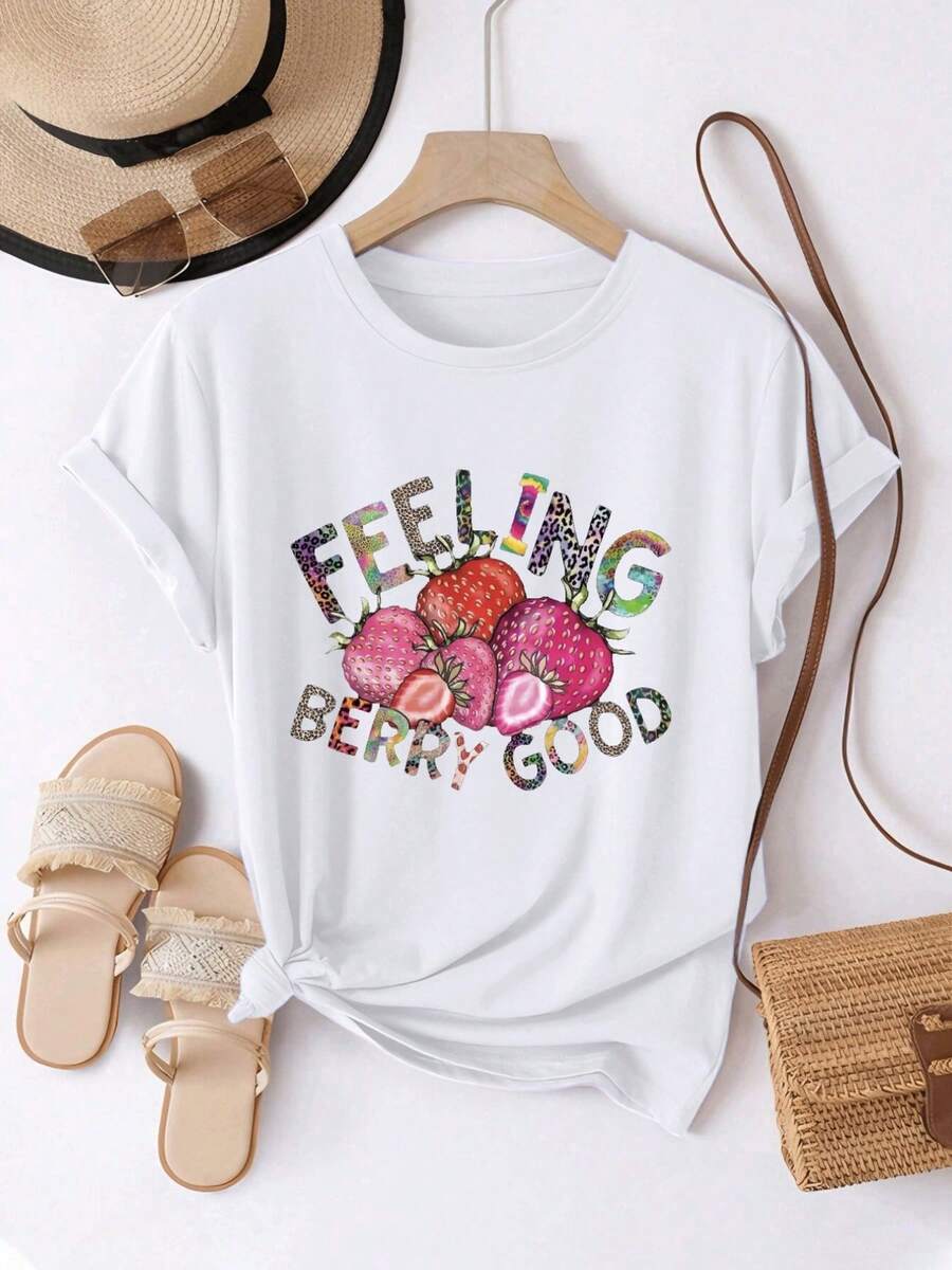 Women's T-Shirt, Comfortable And Casual, Short Sleeve And Round Neck, With Strawberry Print And The Phrase "FEELING BERRY GOOD" Combined, Regular Length, Suitable For All Seasons, Fashionable For Everyday Wear, Ideal For Women's Spring And Summer Clothing. - 白色 - 查看 1