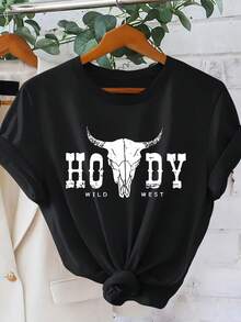 HOWDY Camiseta de Manga Corta para Mujer con Estampado de Calavera de Vaca Desgastada, Estilo Retro Americano, Top Versátil Casual de Primavera/Verano, Estilo Único de Chica Moderna, Cuello Redondo Simple, Cómoda y Transpirable, .una camiseta estampada muy distintiva / estilo unisex / adecuada tanto para hombres como para mujeres / resistente a las arrugas / transpirable - Negro - Ver 8
