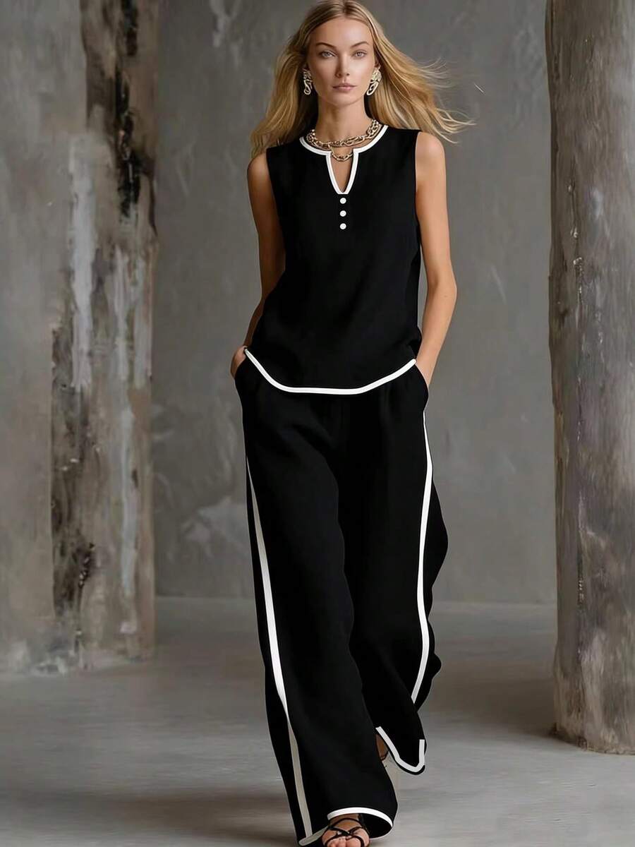 New 2026 Women's Casual Two-Piece Set, Contrasting Color Sleeveless Top And Wide-Leg Pants - Black - View 1