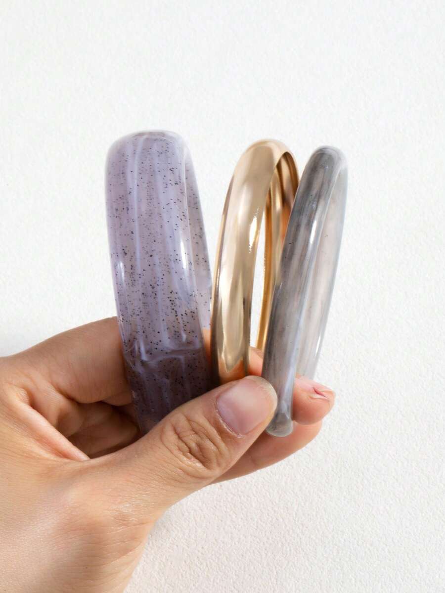 3pcs Set Fashionable Elegant Exaggerated Retro Acrylic Gold CCB Bangle Bracelet Set, Minimalist Design, Suitable For Daily And Party Wear, All Seasons (Resin Bracelet Floral Pattern Random) - Grey - View 1