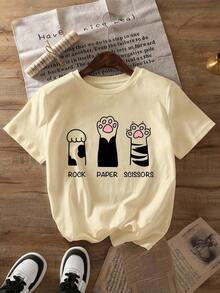 Camiseta de algodón estampada nueva 2026 con diseño de gato de Piedras, Papel y Tijeras, manga corta, cuello redondo, top casual, ropa de mujer para primavera/verano. V0Q1 Blusas Hermosas 100% Algodón - Albaricoque - Ver 1