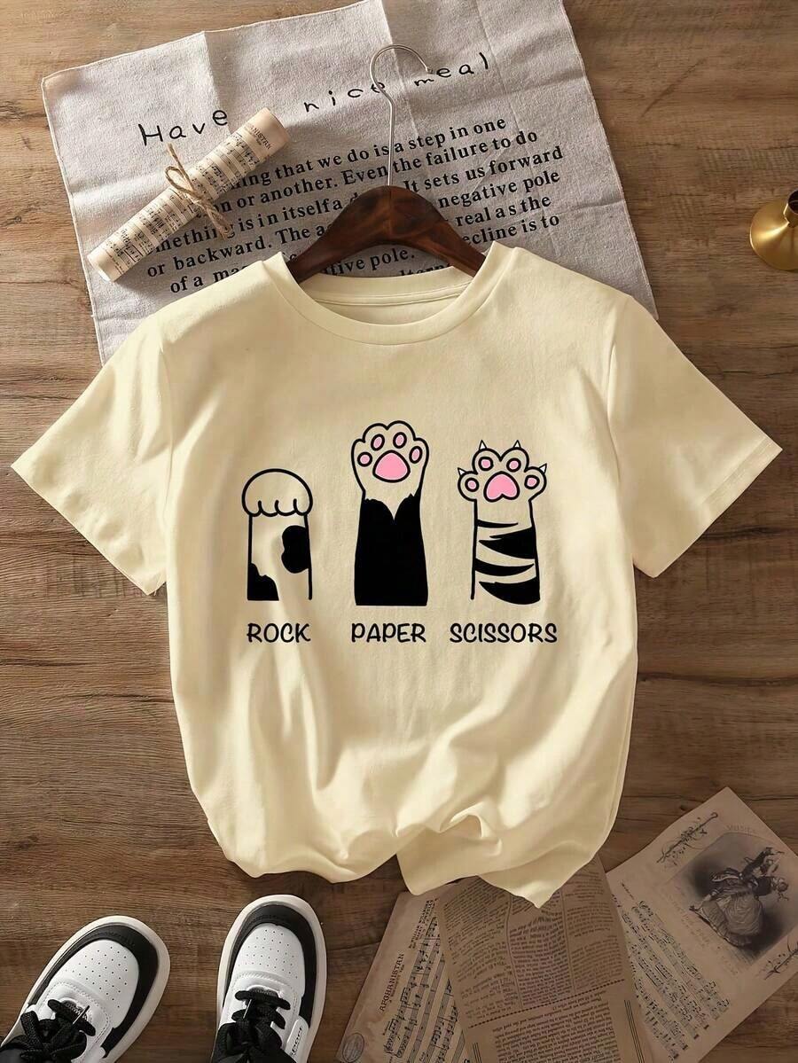 Camiseta de algodón estampada nueva 2026 con diseño de gato de Piedras, Papel y Tijeras, manga corta, cuello redondo, top casual, ropa de mujer para primavera/verano. V0Q1 Blusas Hermosas 100% Algodón - Albaricoque - Ver 1