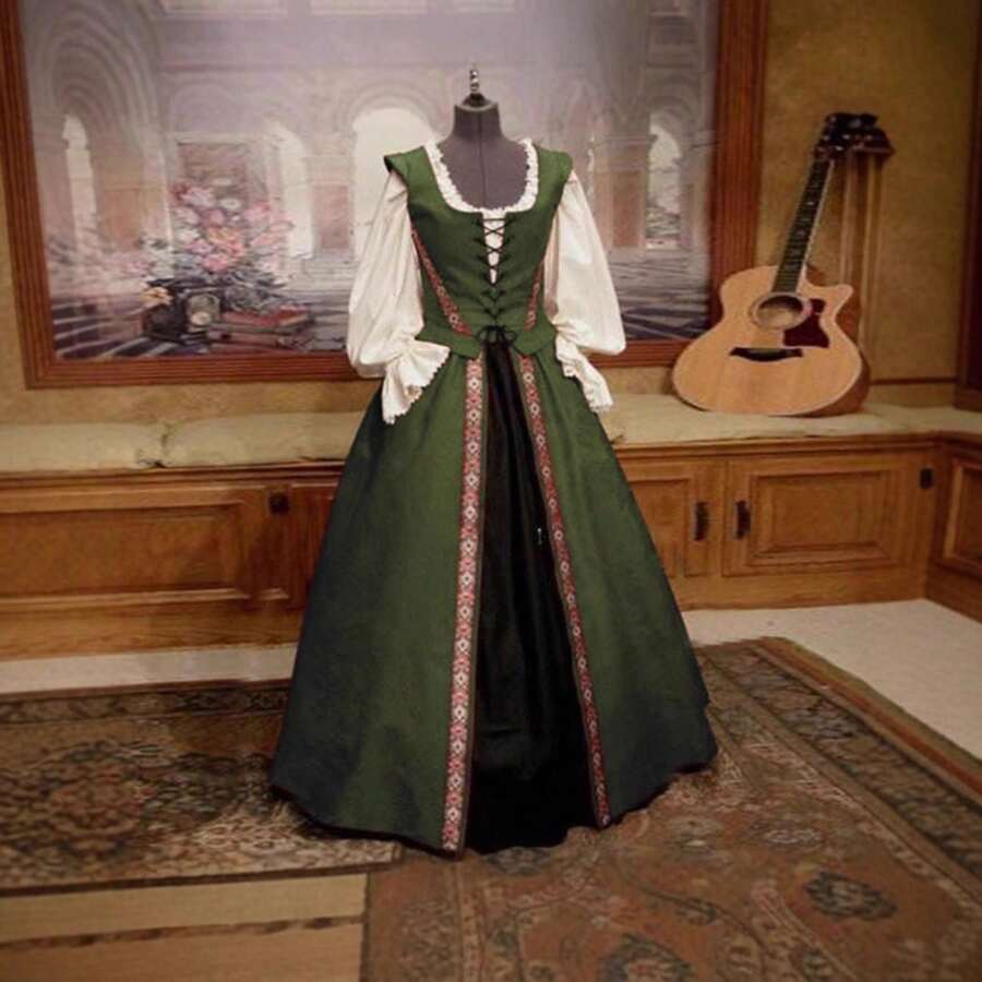 Medieval Renaissance Style, Two-Piece Dress With Square Neckline And Waistband, Vintage Women's Ball Gown - Army Green - View 1