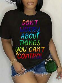 Plus Size Women's Inspirational T-Shirt "Don't Worry About Things You Can't Control" - Black Background With Pink And Green Lettering Details - Casual Crew Neck T-Shirt For Everyday Wear - Lightweight All-Season T-Shirt, Women's T-Shirt, Geometric Pattern T-Shirt, Loose Fit T-Shirt. - 黑色 - 查看 1