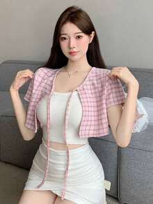 Camiseta de manga corta con nudo delantero y estampado de cuadros, top corto para mujeres - Rosa - Ver 5