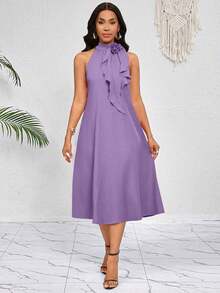Lady Vestido de longitud media naranja con decoración de volantes florales tridimensionales en el cuello.Elegante y holgado para damas.Ideal para vacaciones de primavera y verano.Estilo bohemio. - Púrpura malva - Ver 7