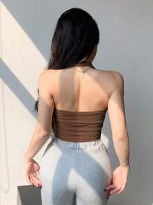 Top de tirantes finos y espalda descubierta de corte ceñido y corto en color marrón, adecuado para verano y primavera en estilo Y2K - Albaricoque 2 - Ver 10