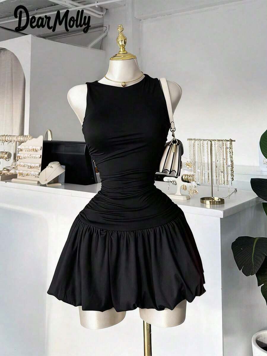 Vestido corto negro de cuello redondo y sin mangas elegante para mujer , adecuado para usar en capas como ropa formal, perfecto para salidas, fiestas y citas en primavera - Negro - Ver 1
