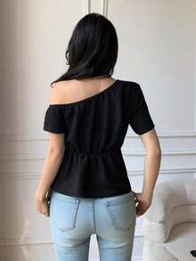 Blusa casual elegante de hombros con nudo, de corte slim para mujeres - Negro - Ver 2