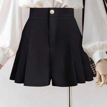 New Women's Woven Fabric Pleated A-Line Front Zipper Back Elastic Waist Slimming Mid-Waist Casual Comfortable Elegant Shorts - Albaricoque - Ver 7