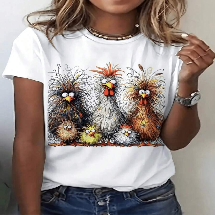 Camiseta informal de cuello redondo para mujer de talla grande con un estampado de pollitos de dibujos animados brillantes: suave y transpirable, corte holgado, mangas cortas, perfecta para primavera y verano; ropa informal de verano, top estampado divertido, tejido transpirable, camiseta informal ligera de manga corta para mujer de talla grande para el día a día (consulte la tabla de tallas para un ajuste holgado). - Blanco - Ver 1