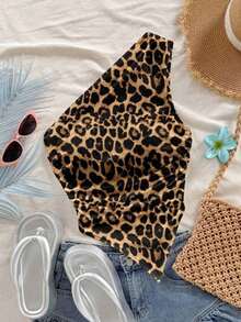 Top de bandeau asimétrico con estampado de leopardo y nudo, estilo playero, adecuado para el verano y la playa - Multicolor 2 - Ver 1