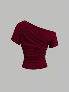 Nueva camiseta casual de primavera/verano para mujer, de estilo elegante y chic de la calle, con hombro asimétrico, ajuste delgado, deportiva, versátil y cómoda - Burdeos - Ver 2