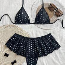 2pcs/Set Spring Break Women Beachwear Summer Outfits: Spaghetti Strap Polka Dot Print Top And Contrast Ruffle Trim Bikini Bottom Bikini Set Set - Blanco y Negro - Ver 3