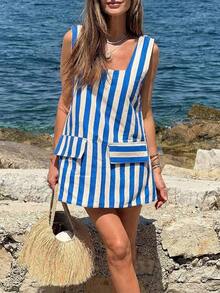 Conjunto de vacaciones para mujer: Vestido mini casual de playa de estilo bohemio con parches a rayas, elegante para el verano - Azul - Ver 3