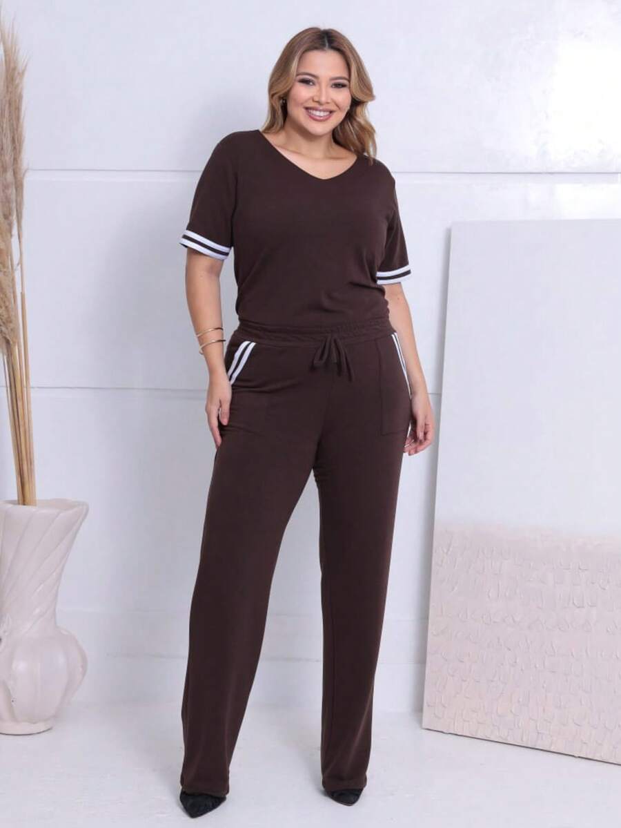 Women's Striped Set - Pants And Top In Lightweight Fleece With White Details - Comfortable Style - 鏽棕色 - 查看 1