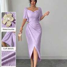 Women's Metal Buckle Color Block Ruffle Collar Petal Sleeve Fitted Elegant Dress, Spring/Summer Dress With Metal Buckle Pink Midi Dress - Morado - Ver 1