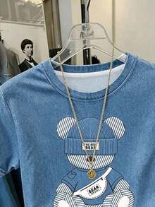 Camiseta de manga corta con cuello redondo y estampado de oso de peluche de dibujos animados, de uso casual y elegante para el uso diario en verano - Multicolor - Ver 3