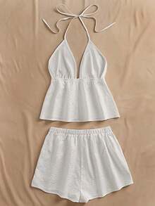 Conjunto de 2 piezas con top de cuello halter con volantes y shorts de unicolor - Blanco - Ver 2