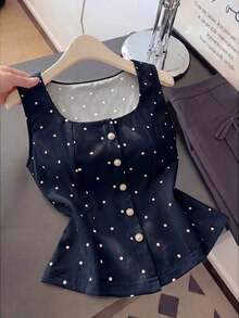Elegante Blusa de Verano de Lunares Vintage con Decoración de Perlas para Mujer, Blusas Elegantes para Mujer, Atuendos de Trabajo para Mujer, Blusas de Verano para Mujer, Últimas Blusas Lindas para Mujer, Nuevos Llegados, Blusas Casuales El - Azul marino - Ver 5