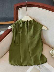 Blusa blanca elegante sin mangas, de cintura elástica y cuello suelto con cordón, de tejido texturizado, para mujer, para primavera/verano.Blusas y tops para mujer de cuello cerrado, blusas casuales y modernas para el verano - Verde - Ver 2