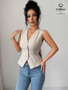 Camiseta de tirantes de mujer de algodón a rayas con lazo y escote en V sin espalda.Ajustada y que realza la figura, muestra por completo el encanto femenino.Adecuada para otoño e invierno, es una opción ideal para citas, vacaciones, ir al - Caqui - Ver 6