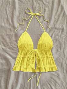 Nuevo top sin espalda con tirantes ajustables y textura, para primavera, verano, Pascua, festivales de música electrónica, estilo occidental para mujer, bohemio, vaquera, modesto, estilo fairy core, vacaciones tropicales, despedida de soltera, - amarillo ganso - Ver 3