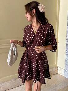 Vestido corto casual y de viaje con cuello en V y estampado de cuadros para mujer - Marrón - Ver 4