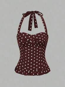 Avant Conjunto de camiseta sin espalda con cuello halter de estilo romántico de vacaciones con lunares y cuadros para mujer - Marrón Mocha - Ver 6