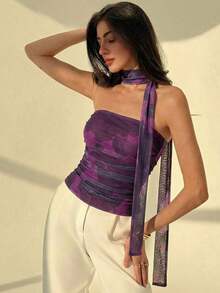 Blusa elegante y romántica de mujer con estampado floral teñido anudado y volantes sin tirantes - Morado - Ver 8