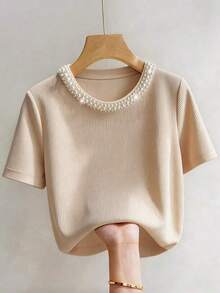 Camiseta de manga corta con cuello redondo ajustado, con cuentas y acanalada, elegante para mujeres - Albaricoque - Ver 3