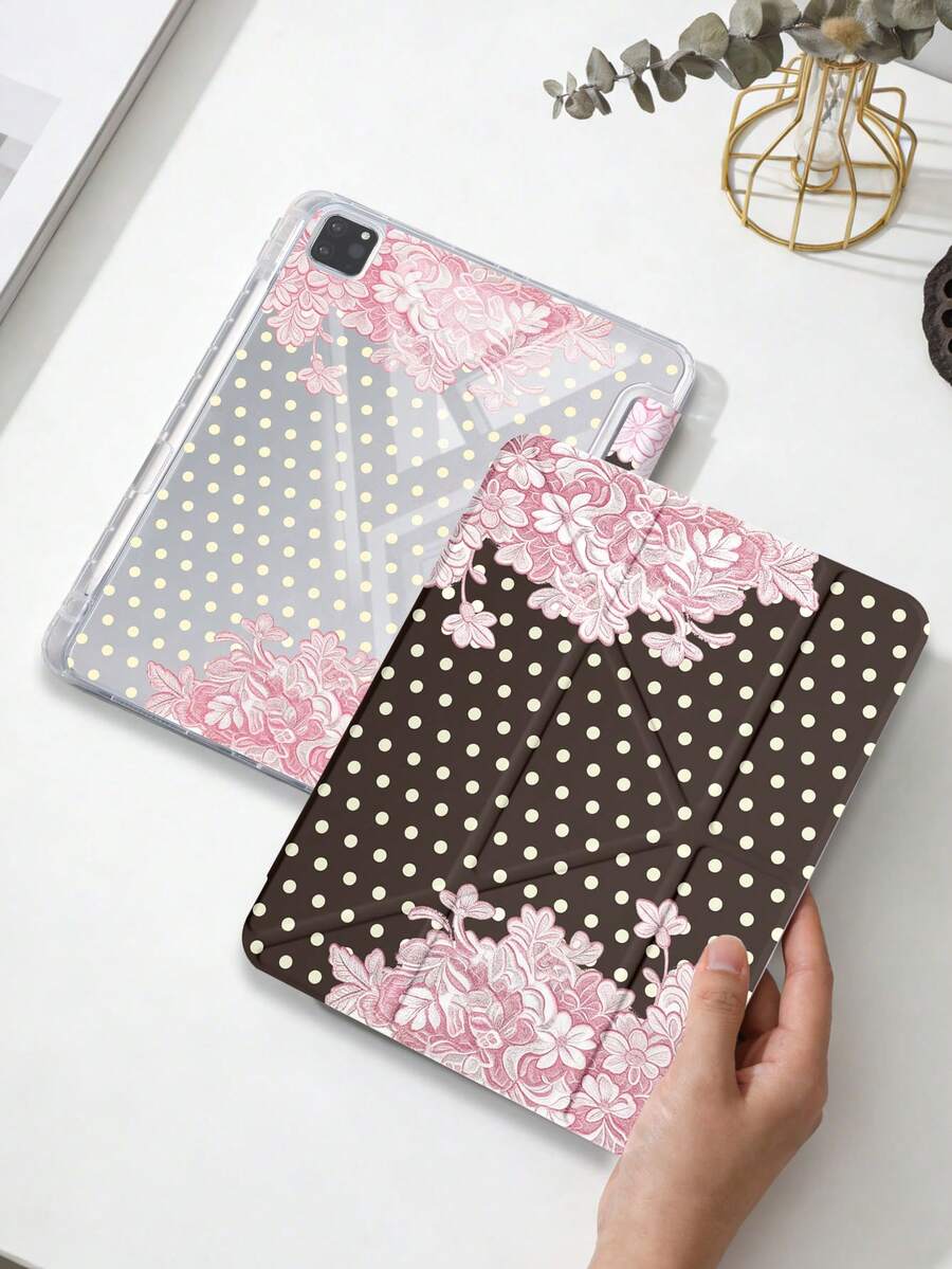 1件全透明壓克力殼三折平板保護殼 咖啡粉波點彩繪設計 相容 iPad 10th/11th/10.2/10.5/Air4/Air5/10.9/Pro11/Air 11-In.(M2)-2024/Pro 11-In.(M4)-2024/ Air 11-Inch (M3) 2025/ (A16) 11 Inch 11th Generation 2025 Mini6/Mini7/Air1/Air2/9.7/ Air 8(M4)2026(11-Inch) 機型 - 彩色 - 查看 1
