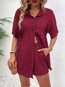 Conjunto de 2 piezas con blusa de manga corta de cuello de botones y shorts con lazo delantero, sencillo, para mujer - Rojo - Ver 4