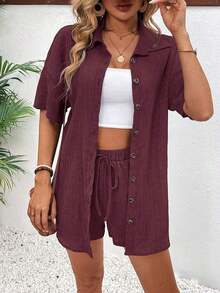 Conjunto de 2 piezas con blusa de manga corta de cuello de botones y shorts con lazo delantero, sencillo, para mujer - Rosa Roja - Ver 4