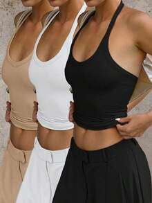 Set de 3 camisetas de tirantes finos acanaladas, versátiles y sexys para mujer, para primavera/verano - Multicolor - Ver 2