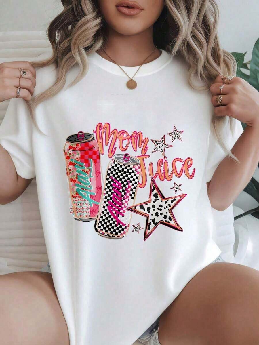 Women's Casual Short-Sleeve T-Shirt - Juice Can And Star Print Design, Round Neck, Summer Top, Machine Washable, Ladies' T-Shirts, Casual Wear, Modern Style, Comfortable Fit
-White - 白色 - 查看 1