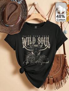 Camiseta gráfica casual y vintage de estilo vaquero Wild con estampado floral para mujer, retro Sweatshirt, Cardigan, Sweater, Vest, Bodysuit - Negro - Ver 8