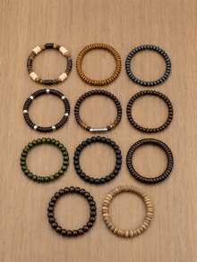 Set de 11 piezas de pulseras con cuentas de madera y cáscara de coco de estilo bohemio, adecuado para el uso diario de los hombres - Multicolor - Ver 4