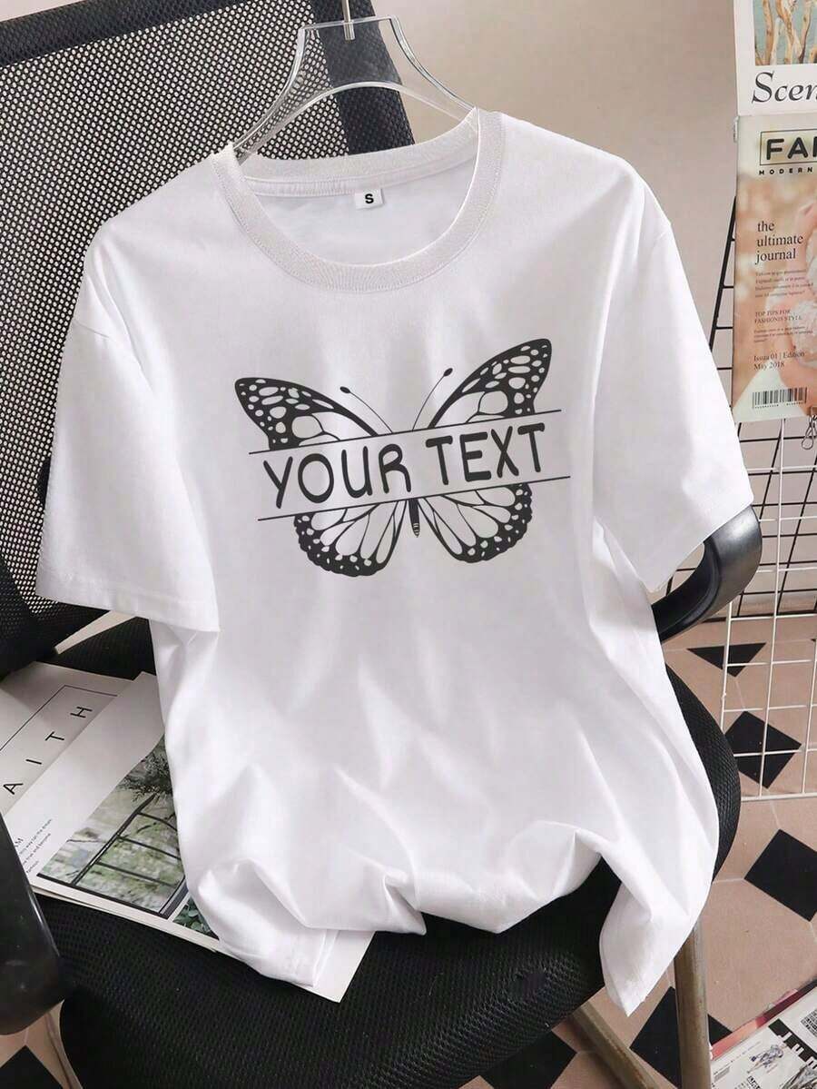 1 pieza de camiseta de algodón con estampado botánico para mujer, fresca, transpirable, de estilo casual natural, cuello redondo, personalizable con diseño de mariposa - Diseño "Tu Texto", cuello redondo casual, adecuada para todas las estaciones, camiseta para amantes de la naturaleza, declaración de derechos de los animales, ropa casual. | Camisa Personalizable | Camiseta de manga corta para niña con decoración de mariposa, ajuste cómodo, para uso diario en verano y vacaciones. - Blanco - Ver 1