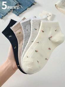 1/5 Pairs Women's Candy Color Floral Print Short Socks, Suitable For All Seasons, Random Colors, Back To School, Funny Socks - Multicolor - View 8