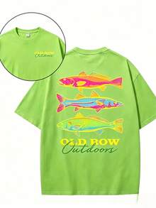 Men's Casual Summer Washed Cotton T-Shirt Old Row Outdoor Fish Print, Round Neck Short Sleeve Lightweight Knitted Fabric, Rib Details 100% Cotton - 純棉淺綠 - 查看 7