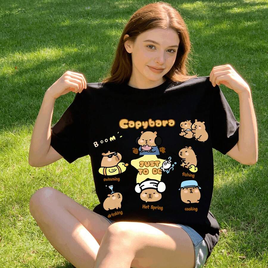 Tops para mujer Casual de Algodón para Mujer, Cuello Redondo, Manga Corta, Largo Regular, con Estampado Gráfico de Capibara para Uso Diario - Negro - Ver 1