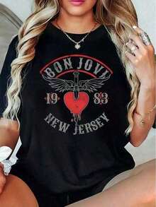 1 pieza de camiseta gráfica Bon Jovi de algodón 100% para mujer, talla grande, negra, de manga corta, con diseño de corazón alado, 100% lavable a máquina, mercancía de banda de rock para fans, camiseta casual de verano para mujer. #     Camisetas Estampadas 2026, Nuevas Camisetas de Moda, Camiseta Popular con Letras de Cultura Urbana - Blanca y Azul Marino, Top Corto con Hombros Descubiertos - Unisex Suave - Negro - Ver 1