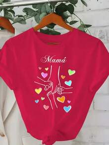 1pscElegante Camiseta de Mujer con Estampado Mamá y Manos con Corazones Coloridos,Diseño Casual y Confortable para el Día a Día.100% Cotton100% Cotton - Rojo - Ver 6