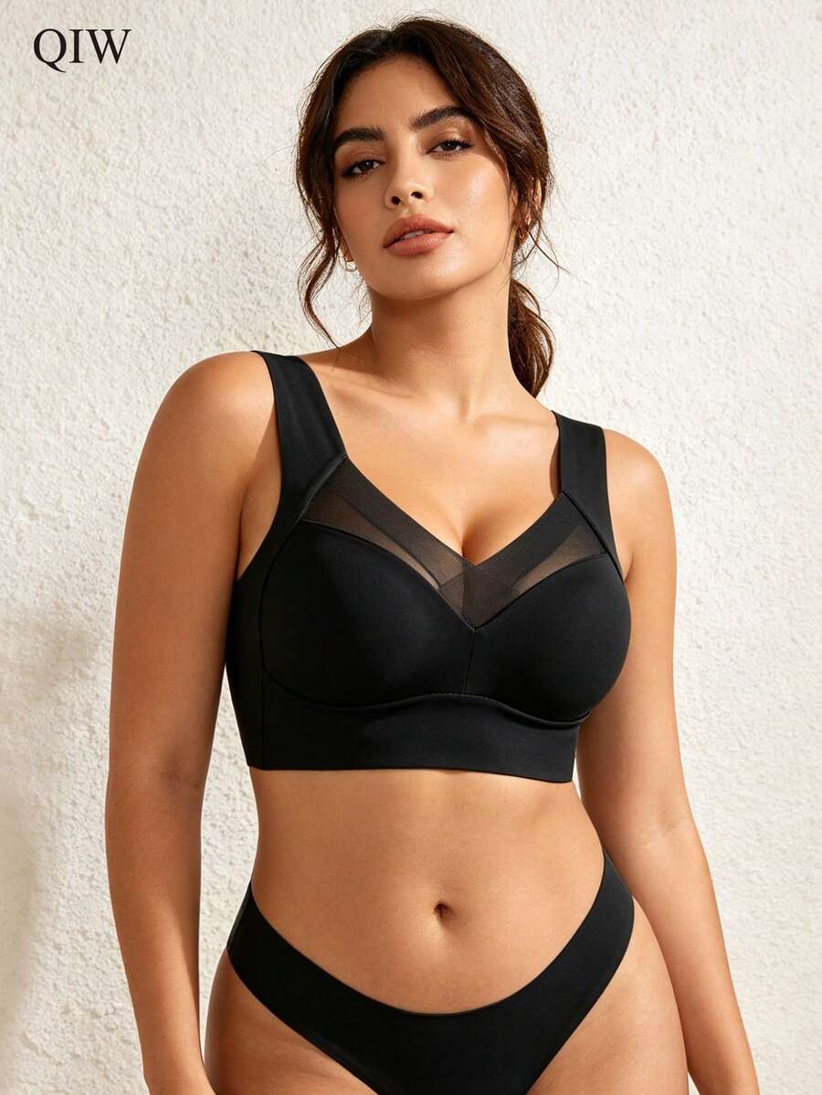 1 pièce Soutien-gorge invisible et beau pour le dos des femmes, soutien-gorge sans fil en une pièce avec coussin, soutien-gorge de sommeil et de yoga, confortable et respirant, sans sensation de pression ou de contrainte, noir, lingerie