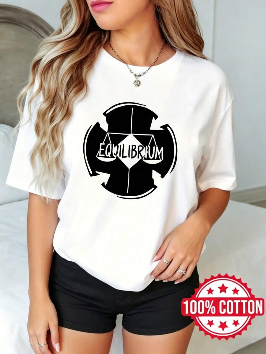 Camiseta de manga corta con cuello redondo y estampado, para mujer, verano, estilo casual Diseño de Símbolo de Equilibrio Impreso S-3XL 100% aodón material