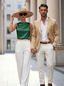 Blusa de satén sin mangas con pliegues para mujer - Verde Oscuro - Ver 2