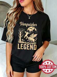 Women's Summer Black Short Sleeve T-Shirt With Round Neck And Print, Casuaanquisher Legend Dragon Warrior Tree S-3XL Fashion 100% Cotton - 黑色 - 查看 1
